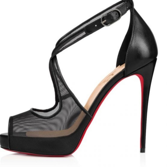 New Christian L black leather fishnet open toe platform high heels sandals - Picture 2 of 8